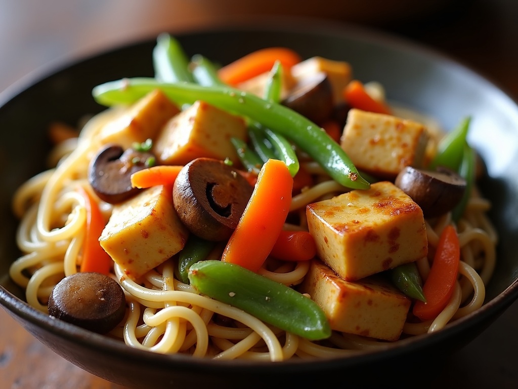Buddha's delight (lo han jai) — a Chinese vegetarian braise of tofu, mushrooms, snow peas, carrots and glass noodles in a glossy sauce