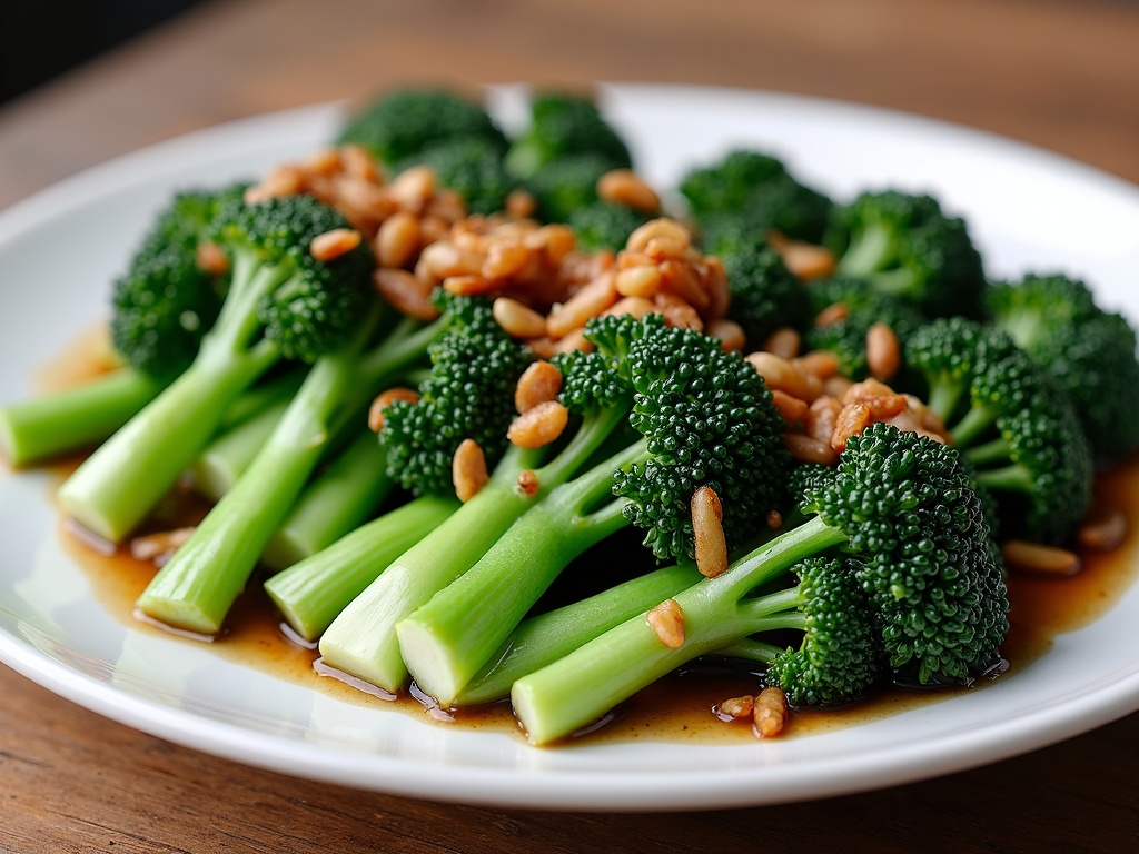 Chinese broccoli (gai lan) — blanched green stalks topped with fried garlic and a glossy soy-oyster sauce
