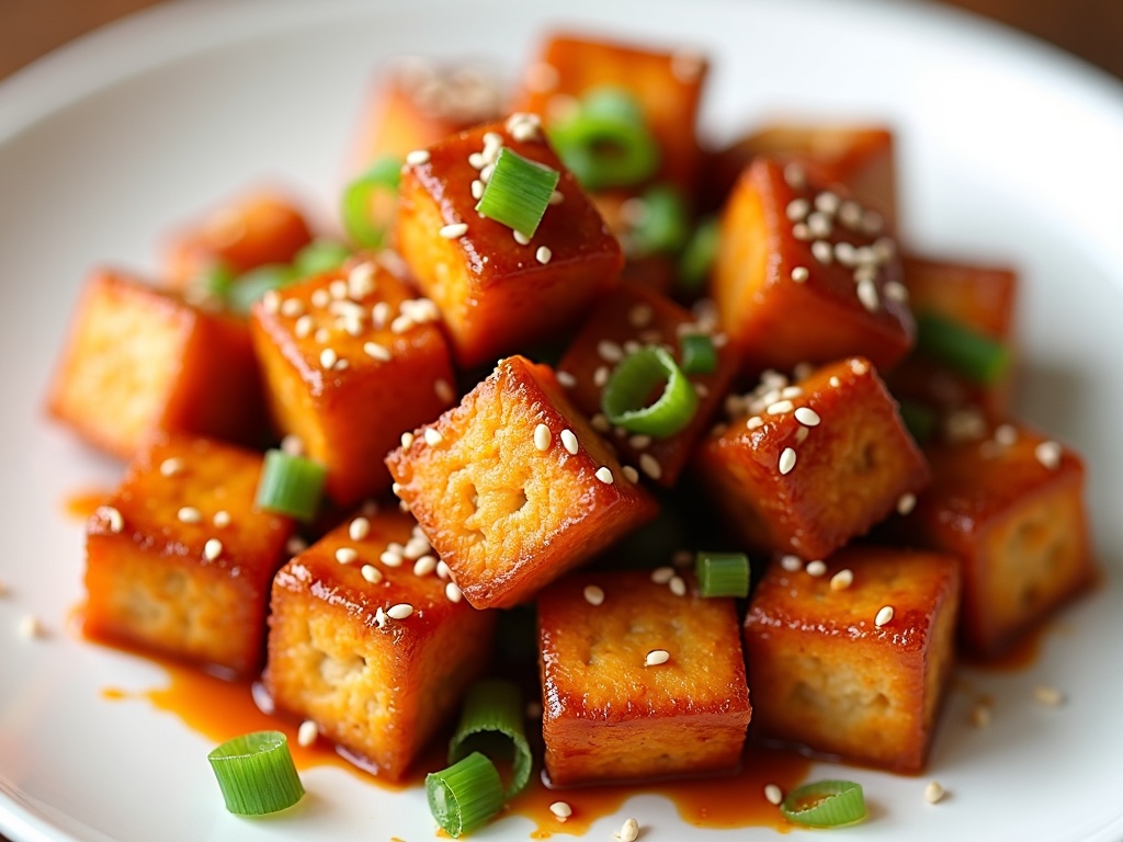 General Tso's tofu — crispy golden tofu cubes in a glossy sweet-spicy sauce with dried chilies, scallions and sesame seeds