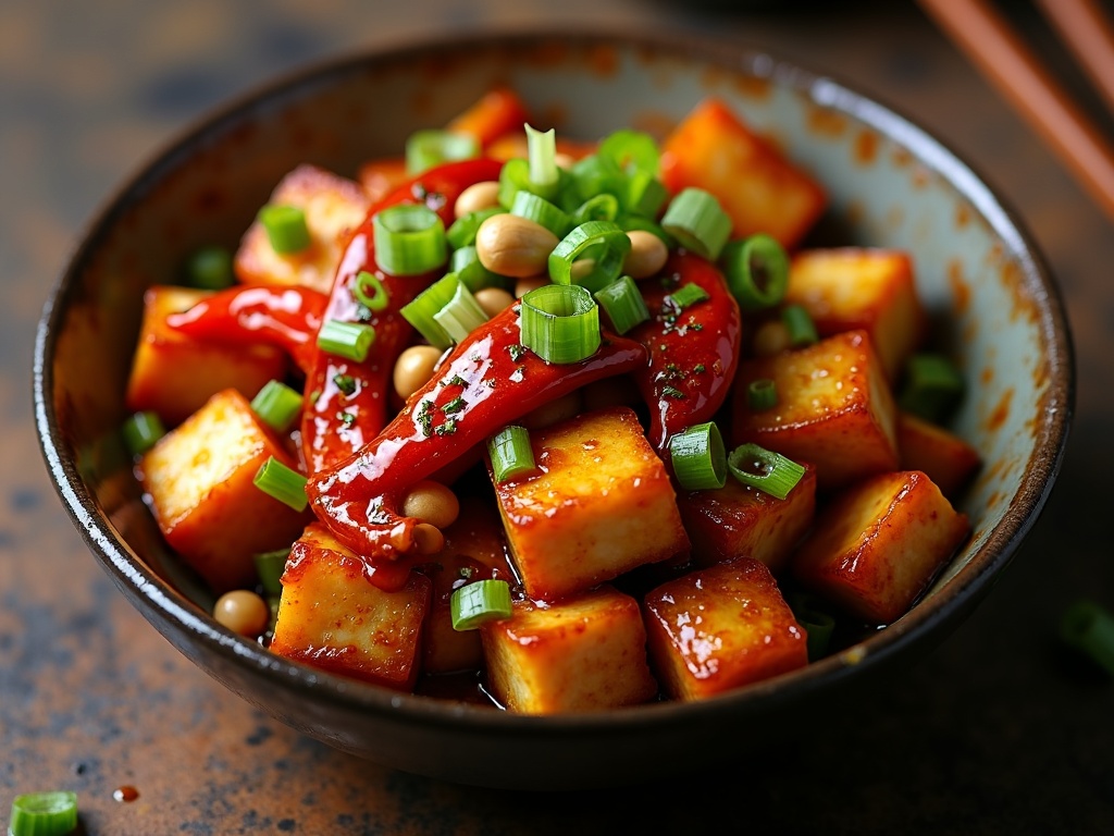 Kung pao tofu — crispy tofu cubes with dried red chilies, peanuts and scallions in a glossy dark sauce