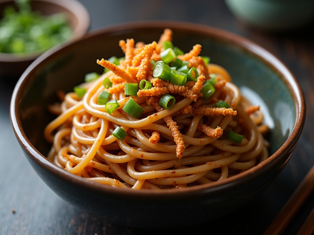 Scallion oil noodles — glossy soy-coated noodles topped with crispy golden fried scallions in a bowl
