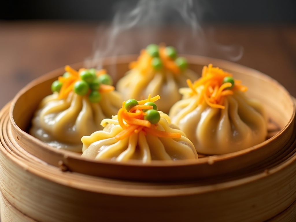 Vegetarian siu mai — steamed mushroom and tofu dumplings topped with grated carrot and peas in a bamboo steamer